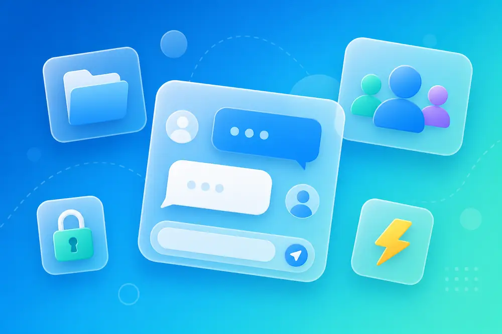 Telegram özelliklerini simgeleyen sohbet, grup, güvenlik ve hız ikonları