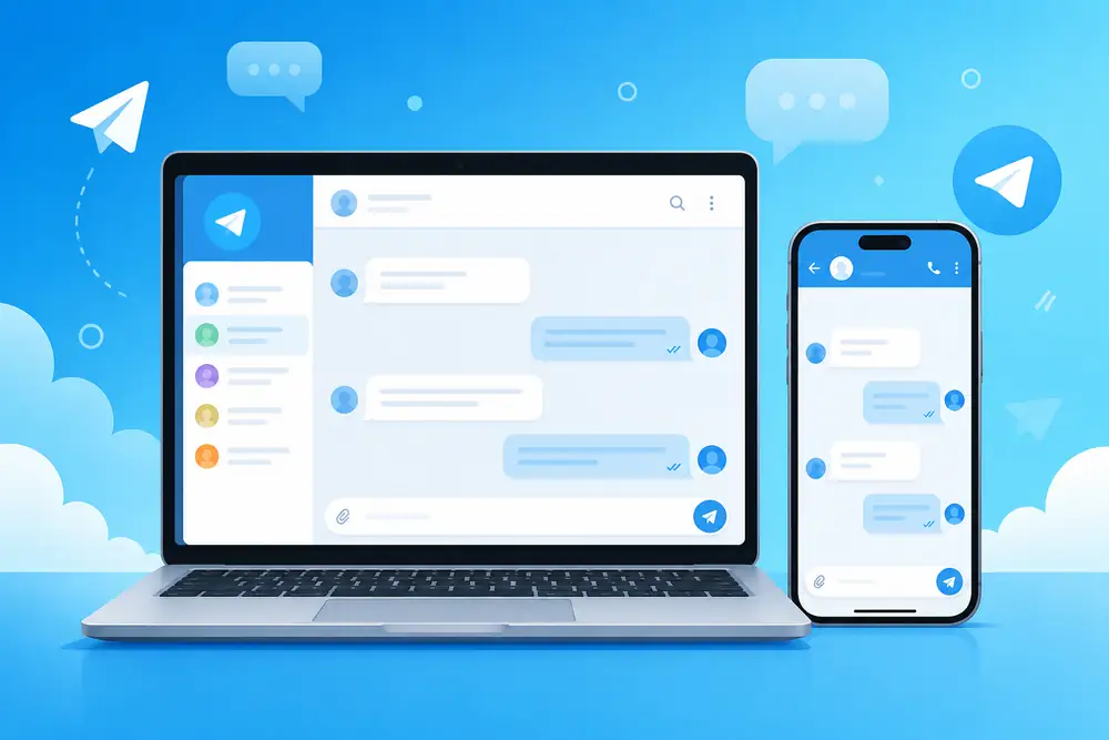 Telegram'ın dizüstü bilgisayar ve telefon tarayıcısındaki sohbet görünümü