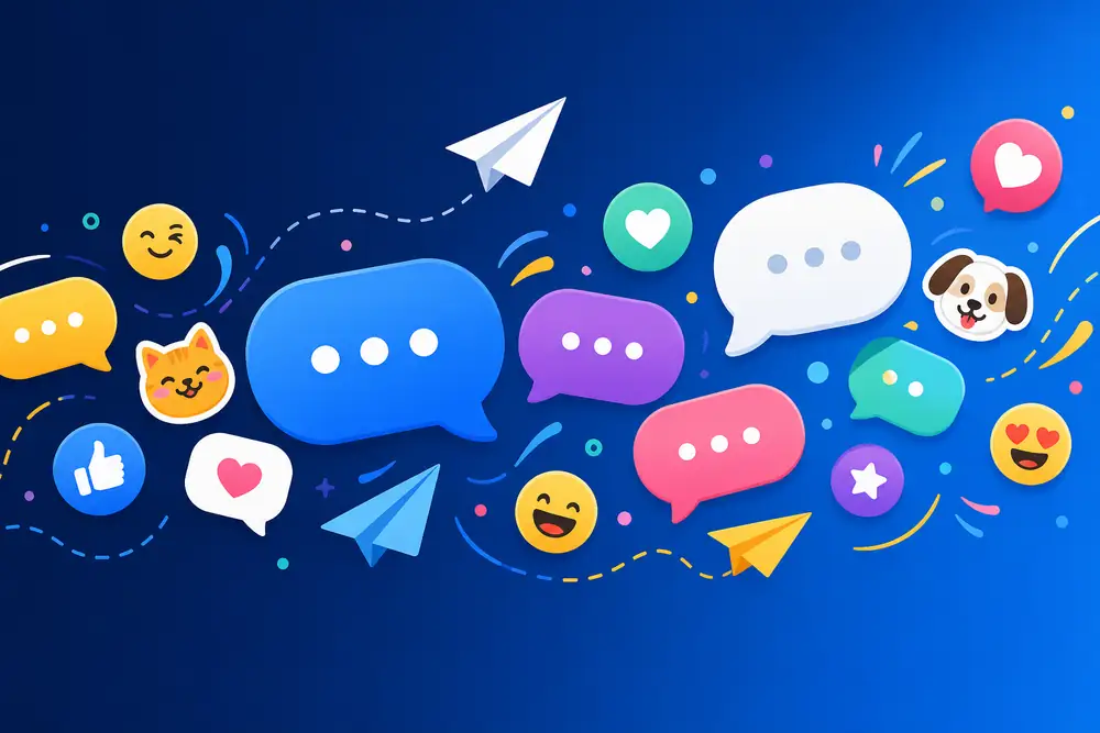 Telegram sohbet balonları, sticker ve emojilerden oluşan renkli görsel