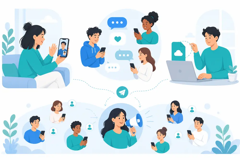 İnsanların Telegram'ı sohbet, görüntülü görüşme ve topluluk için kullanması