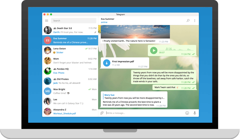Telegram masaüstü uygulamasının sohbet listesi ve mesaj ekranı önizlemesi